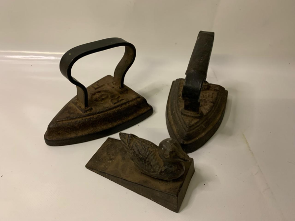013 - Two Cast Iron Vintage Irons & Doorstop
