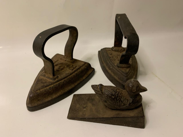 013 - Two Cast Iron Vintage Irons & Doorstop